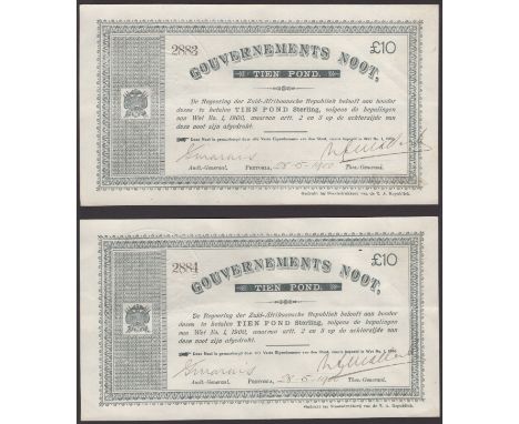 Gouvernements Noots, £10 (2), Pretoria, 28 May 1900, consecutive serial numbers 2883-84, light central bend, good extremely f