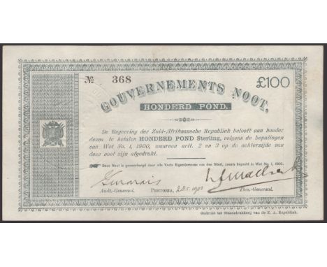 Gouvernements Noots, £100, Pretoria, 28 May 1900, serial number 368, ‘No’ prior to serial number, spindle hole, light bends, 