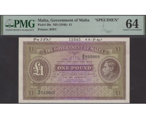 Government of Malta, printers archival specimen £1, ND (1939), serial number range A/4 552001 to A/5 935000, perforated CANCE