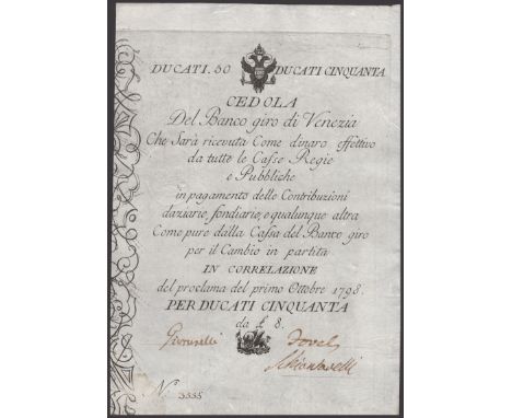 Banco Giro di Venezia, Italy, 50 Ducati, 1 October 1798, serial number 3555, manuscript signature low left and right, extreme