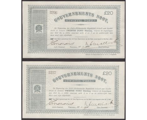 Gouvernements Noots, £20 (2), Pretoria, 28 May 1900, consecutive serial numbers 3226-27, no watermarks, each with light bends