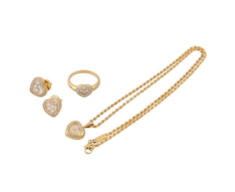 CHOPARD Schmuckset: Ring, Ohrringe und Collier mit Anhänger "Happy Diamonds", mit Achtkantdiamanten und Brillanten von zus. c