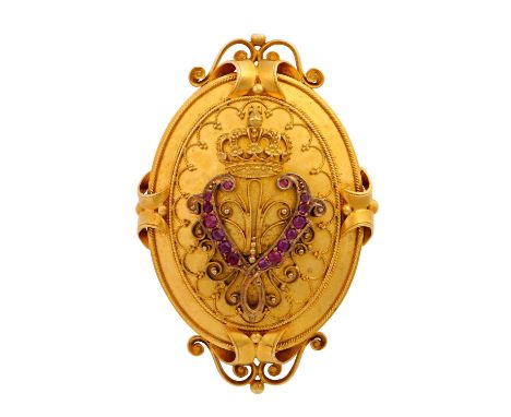 Brosche mit 15 kleinen Rubinen, im antiken Originaletui des Hofjuwelier L. Paar (Karlsruhe), RG 14K feuervergoldet, 13,3 g, 4