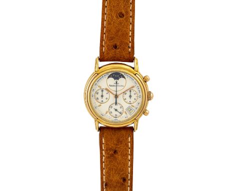 JAEGER LE-COULTRE Vintage Odysseus Chronograph mit Mondphasen, Ref. 165.7.3. Armbanduhr. Gold 18K. Quarz-Werk. Lederband mit 