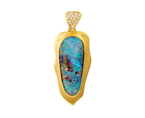 Clip-Anhänger mit Boulderopal und Brillanten, zus. ca. 0,1 ct, mittlere Farbe und Reinheit, GG 18K, 11,9 g, 4,5x1,8 cm, 2. H.