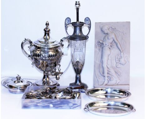 A SILVER PLATED SAMOVAR a pewter and cut glass table lamp on square spreading base and pad feet, a selection of silver plated