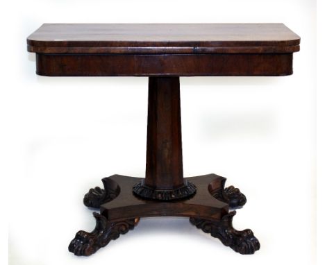 AN EARLY 19TH CENTURY WALNUT CARD OR TEA TABLE on trumpet stem, on quadripartite base terminating in claw feet, 87cm x 73cm x