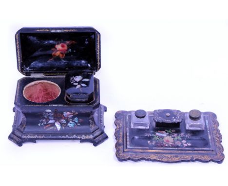 A VICTORIAN PAPIER MACHE DOME TOPPED TEA CADDY with mother of pearl inlaid decoration, 28cm wide x 20cm deep x 17cm high toge