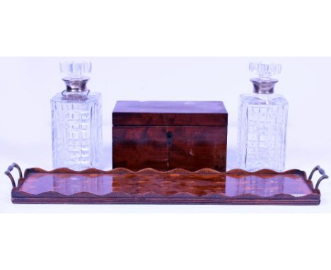 A RECTANGULAR YEW WOOD OYSTER VENEERED SMALL TRAY with brass carrying handles 55cm wide together with two silver mounted spir