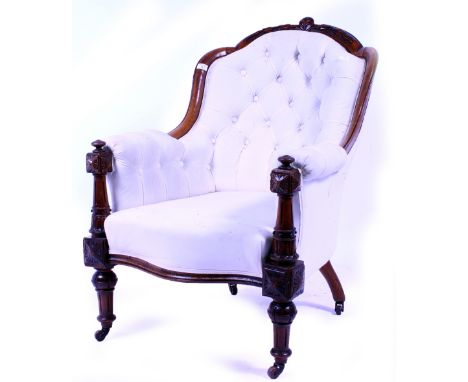 A LATE 19TH CENTURY WALNUT FRAMED BUTTON UPHOLSTERED ARMCHAIR 69cm wide x 79cm deep x 96cm high
