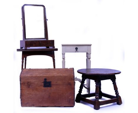 A SMALL GROUP OF OCCASIONAL FURNITURE consisting of a Victorian foldover tea table, a cream painted bedside table, a dome top