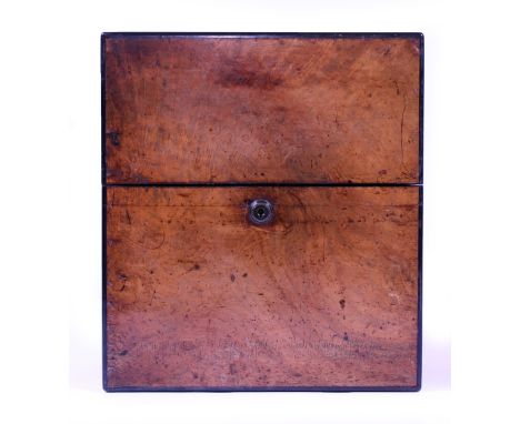 AN EARLY 19TH CENTURY BURR WALNUT DECANTER CASE marked Fisher, 188 Strand with Bramha locks and two later glass decanters 26c