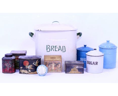 A MID 20TH CENTURY ENAMEL BREAD TIN together with two enamel sugar containers and covers, further various tins and a collecti