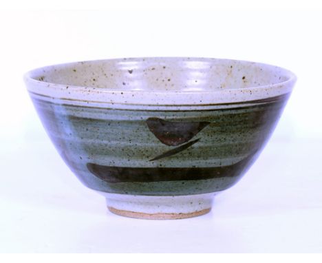A 20TH CENTURY ST IVES POTTERY BIRD BOWL with impressed seal mark, possibly by Bernard Leach 23cm across