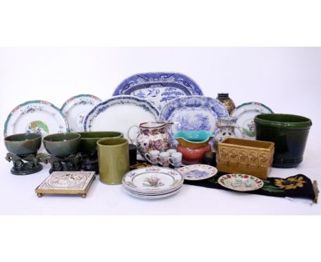 A BLUE AND WHITE MEAT PLATTER together with a collection of 19th century and later pottery jugs, vases etc together with a pa