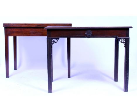 A CHIPPENDALE STYLE MAHOGANY SIDE TABLE with open fretwork supports and applied decoration, 90cm wide x 70cm high x 44cm deep