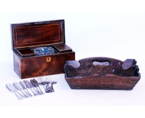 AN EARLY 19TH CENTURY HARDWOOD TWO DIVISION CUTLERY TRAY a mahogany tea caddy with glass bowl, and a selection of silver plat