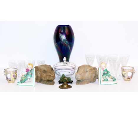 A SELECTION OF GLASSWARE and porcelain to include Vienna pot and cover (restored), Webb crystal sherry glasses and six port g