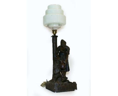 A CAST METAL BRONZED TABLE LAMP in the form of a Dutch girl collecting water from a stream 55cm high