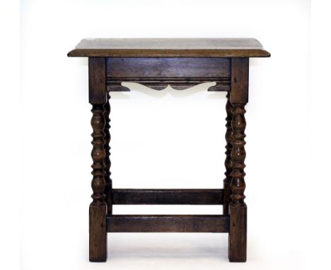 A 20TH CENTURY OAK JOINT STOOL standing on bobbin turned legs and square feet, 49cm x 54cm x 30cm