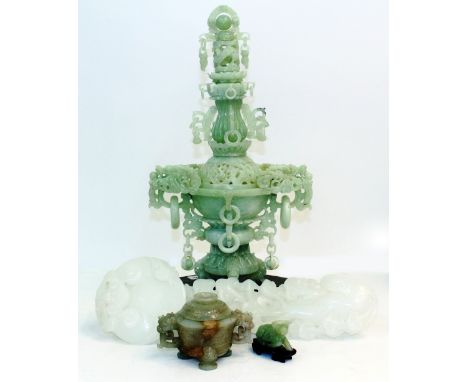 A 20TH CENTURY JADEITE CARVED RUYI with shell and acanthus scroll incised decoration, a jadeite recumbent bovine on closed fr