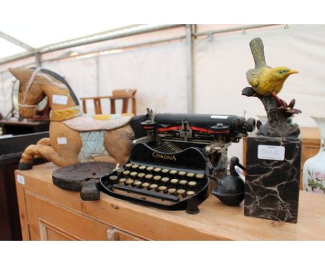 AN OLD 'CORONA' TYPEWRITER Two Thomas Stevens woven pictures and further items, carvings etc.,