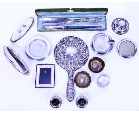 MISCELLANEOUS SILVER ITEMS to include Victorian silver backed dressing mirror, an inkwell, small picture frames etc.,