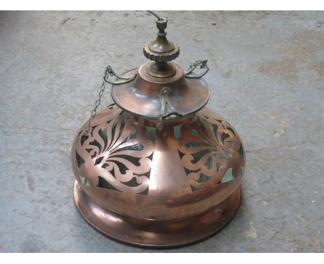 AT NOUVEAU PIERCE WORK DECORATED COPPER AND BRASS CEILING LIGHT FITTING WITH GLASS SHADE, DIAMETER APPROXIMATELY 47cm 