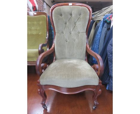 VICTORIAN MAHOGANY BUTTON BACK EASY ARMCHAIR