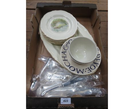 PARCEL OF SILVER PLATED FLATWARE, FISH PLATES, ETC.