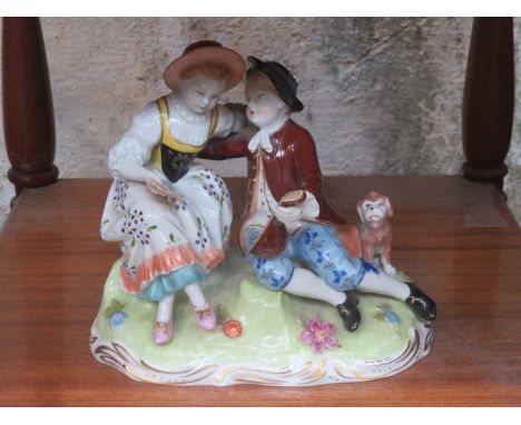DRESDEN GERMAN HANDPAINTED AND GILDED CERAMIC FIGURE GROUP, APPROXIMATELY 16cm HIGH 