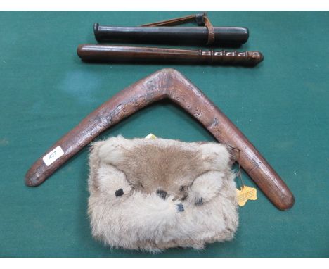 TWO VINTAGE POLICE TRUNCHEONS, BOOMERANG, KOALA BEAR BAG, ETC.