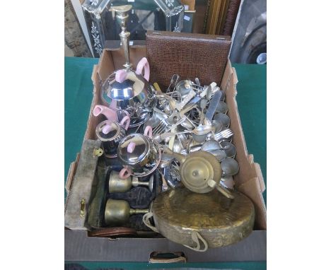 QUANTITY OF SILVER PLATEDWARE, FLATWARE AND BRASSWARE, ETC. 