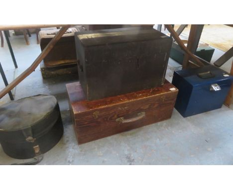 TWO VINTAGE WOODEN BOXES, METAL BOX AND HAT BOX