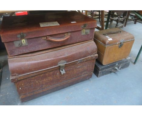 VINTAGE WOODEN TOOL BOX, TWO STORAGE TINS AND LEATHER SUITCASE 