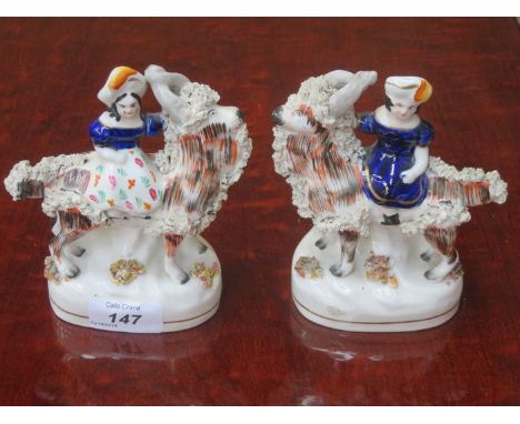 PAIR OF SMALL HANDPAINTED CERAMIC STAFFORDSHIRE FIGURE GROUP, APPROXIMATELY 15cm HIGH 