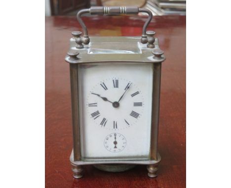 FRENCH GLASS AND BRASS CARRIAGE CLOCK WITH ENAMELLED DIAL 