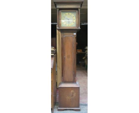 INLAID OAK AND MAHOGANY CASED LONGCASE CLOCK WITH ORMOLU MOUNTED 11in SQUARE BRASS DIAL 