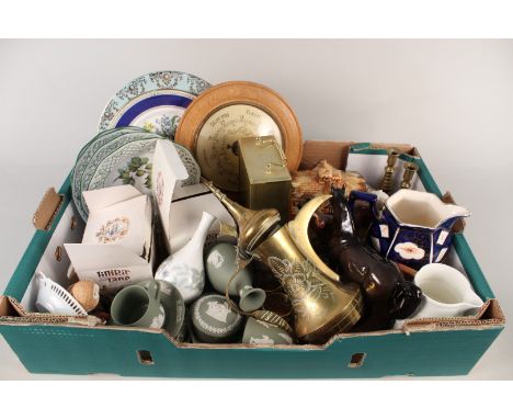 A selection of mixed mostly named ceramics including Wedgwood Green Jasper, Lilliput Lane Worcester etc plus a brass coffee p
