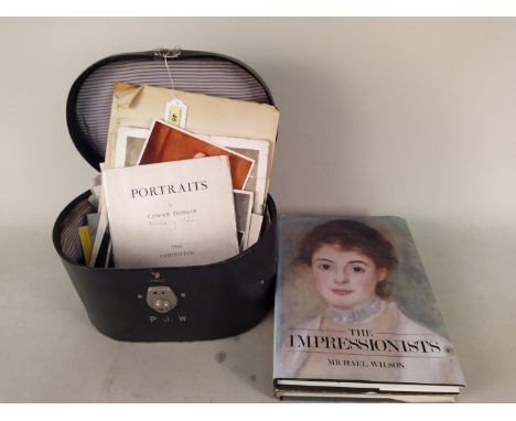 A vintage sewing case, a selection of art related ephemera including a 1946 portraits exhibition catalogue and photographs of