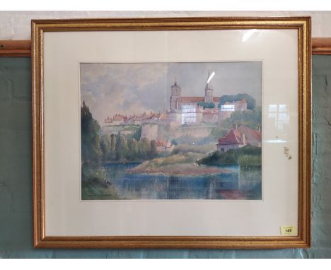 A framed watercolour of 'Semur' signed 'Dudley Richardson 1927', labels to verso 'Walker Art Gallery Ex 1935', 36cm x 46cm