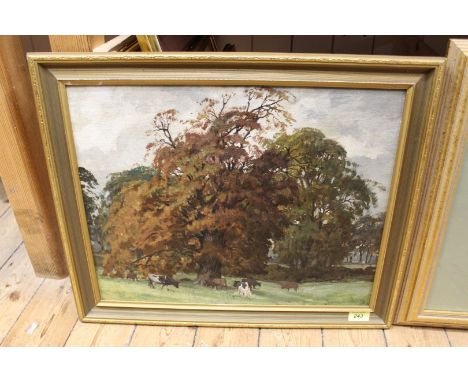 Frank Forward (1904-1978) Suffolk artist, oil on board of cattle grazing beneath a tree, on verso 'F R Forward New Studio', s