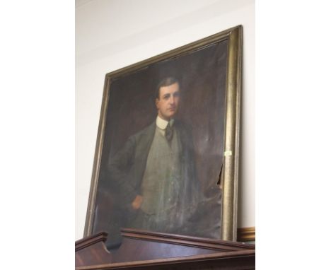 A large oil portrait of a gentleman, bears name 'Ernest Moore 1911', 110cm x 85cm (canvas detached from stretcher and large o