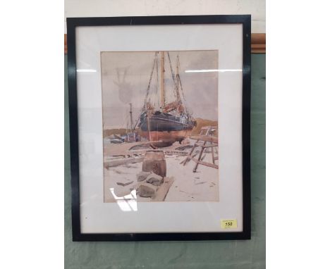 Rowland Fisher R A (1885-1969) framed watercolour of a two masted fishing smack in dry dock with 'LT' (for Lowestoft) registr