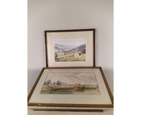 Four framed watercolours of a river and harvest scene signed E B Wilson 47cm x 25cm, Jean de Gale 'Minsmere 46cm x 26cm, E Ch