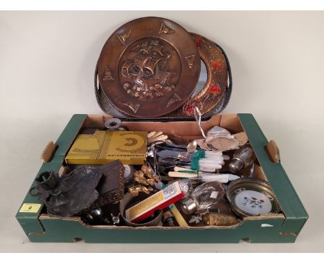 A box of assorted metalware including an Art Nouveau pewter candlestick, copper mirror and tray plus a plated tray