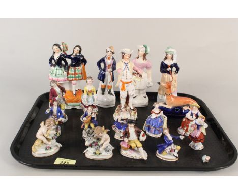 A collection of 19th Century Staffordshire pottery figures plus 19th Century continental porcelain figures (nine with the Sam