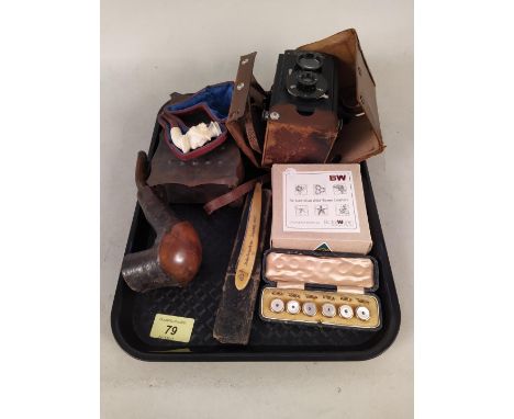 A Voightlander Brilliant camera together with a copper Art Nouveau box, cased Meerschaum pipe, one other, a cut throat razor 