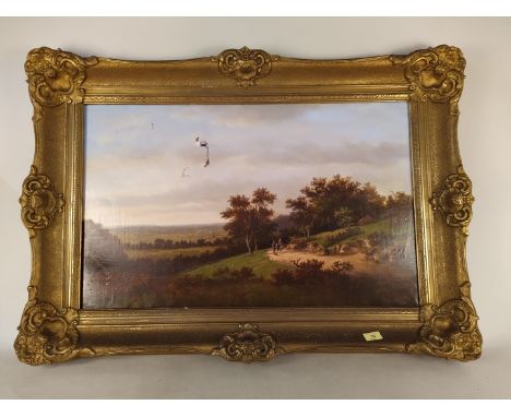 A 19th Century oil on canvas of a rural scene with figures in the foreground in a swept gilt frame, indistinctly signed (as f
