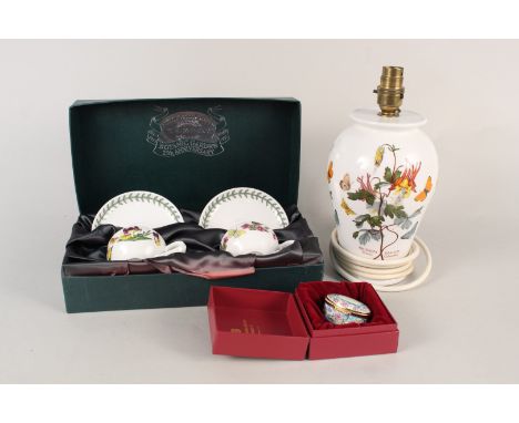 Boxed Portmeirion Botanic Garden 25th anniversary cups and saucers, matching lamp base and boxed Staffordshire enamel pill po